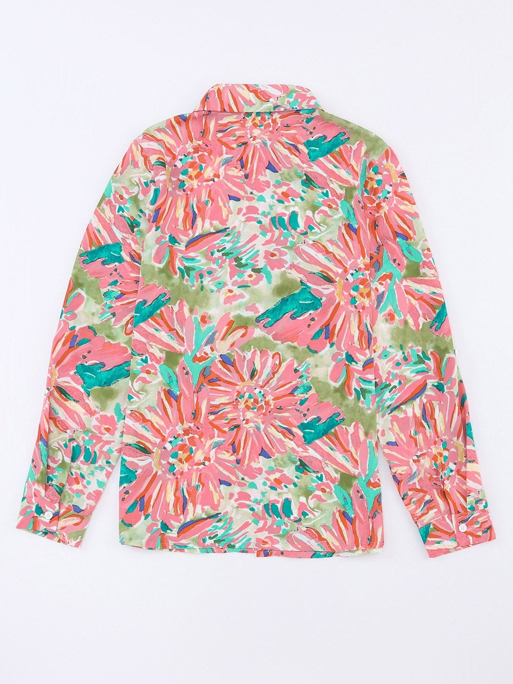 Green Abstract Floral Print Collared Sheath Blouse with Long Sleeves