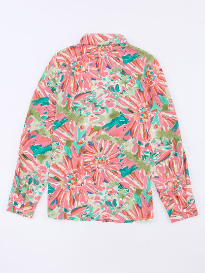 Green Abstract Floral Print Collared Sheath Blouse with Long Sleeves