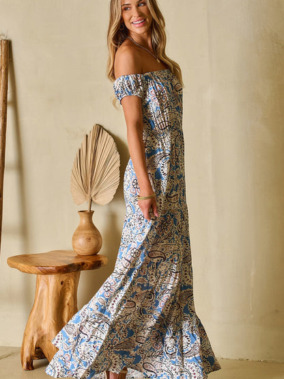 Printed V-Neck Off-Shoulder Short Sleeve Dress