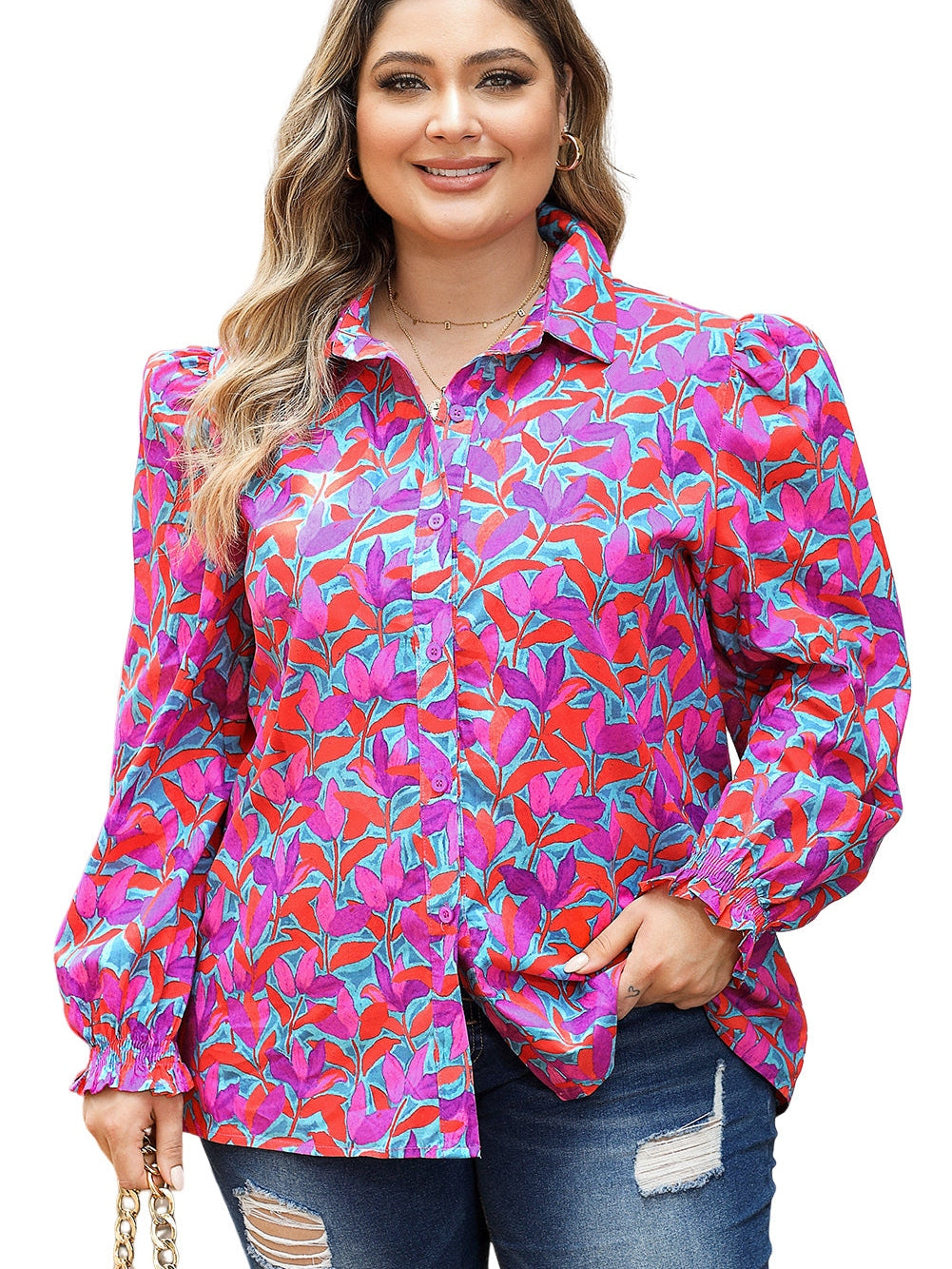 Floral Fantasy Plus Size Ruffled Puff Sleeve Blouse