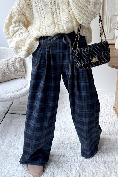 Navy Blue Plaid Print Pleated Wide Leg Drawstring Pants