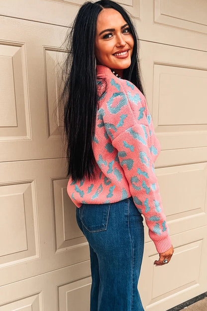 Pink Leopard Print Drop Shoulder Casual Sweater