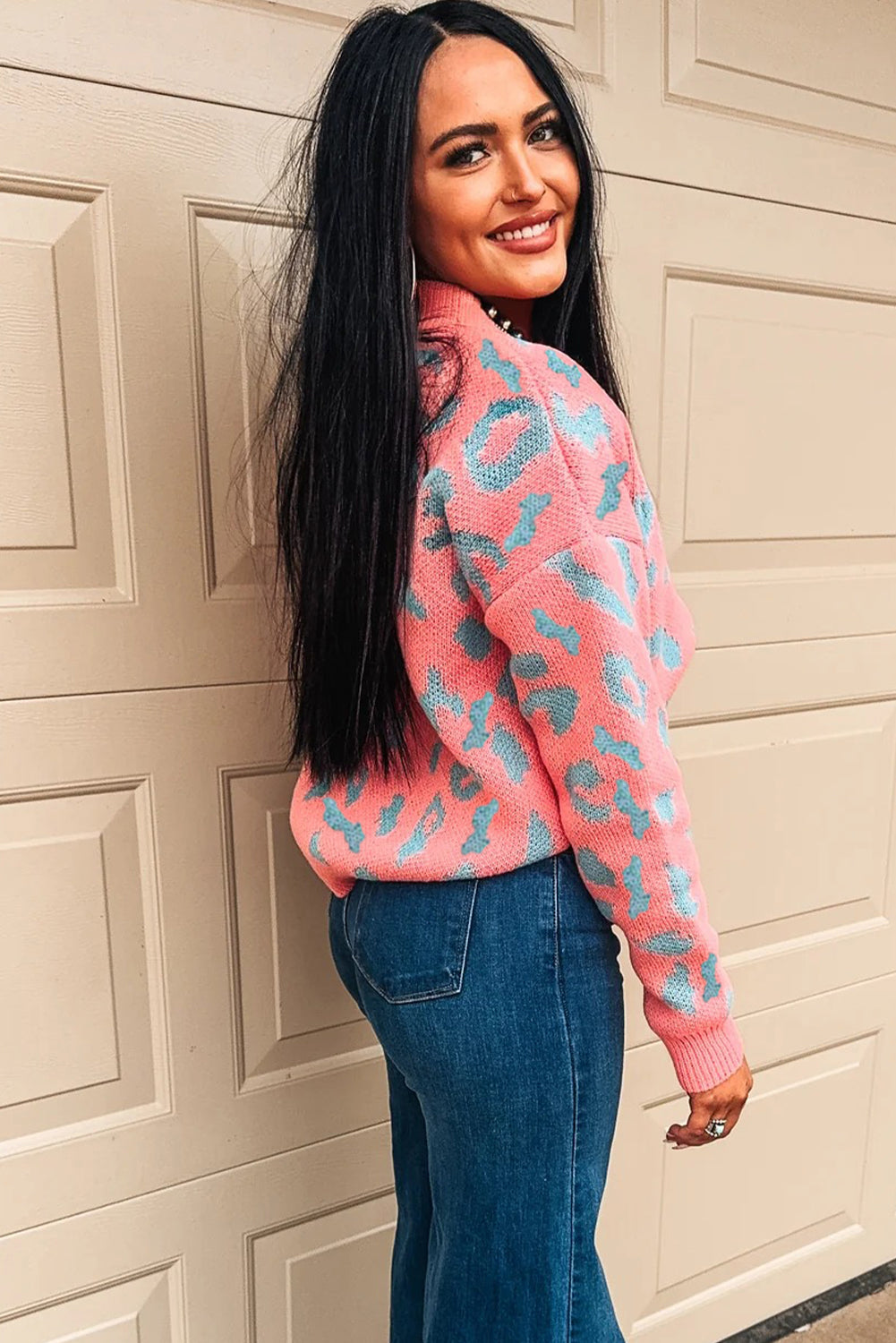 Pink Leopard Print Drop Shoulder Casual Sweater