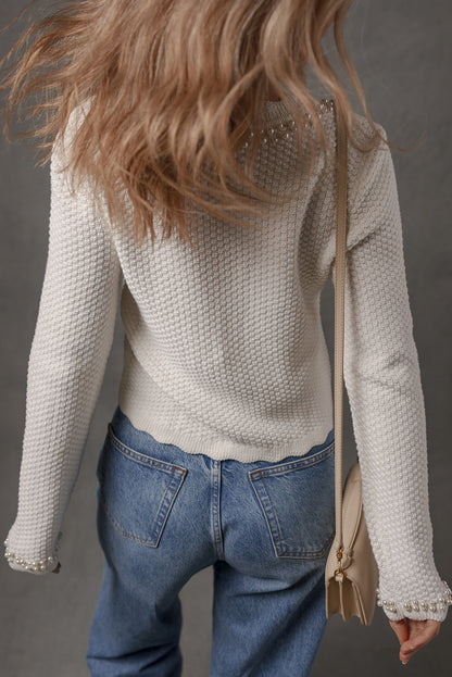 White Pearl Decor Scalloped Edge V Neck Elegant Cardigan Sweater