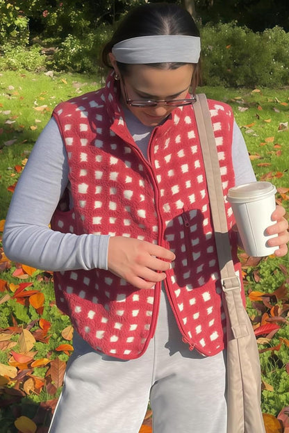 Red Checkered Texture Plush Zip Up Winter Vest