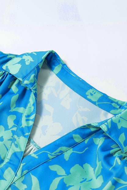 Sky Blue Floral Print Plus Size Flutter Sleeve Mini Dress with Button Detail