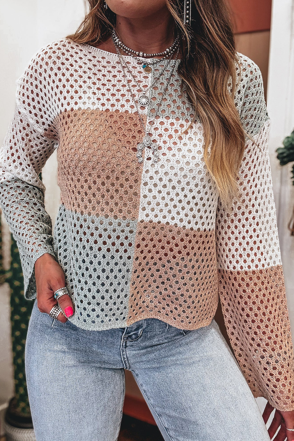 Multicolour Colorblock Fishnet Hollow-out Drop Shoulder Knitted Sweater