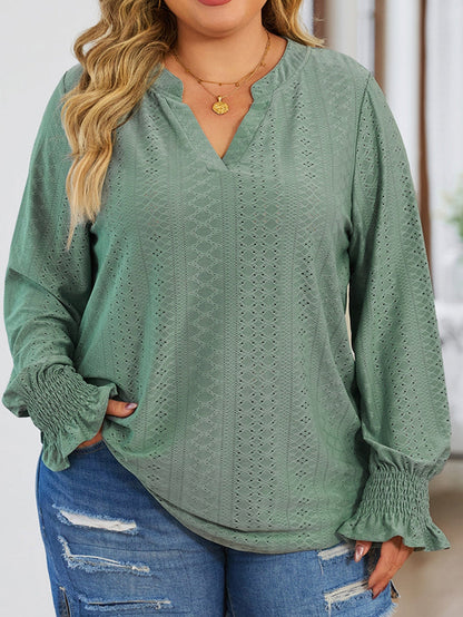 Green Eyelet Jacquard Split Neck Flounce Sleeve Plus Size Blouse