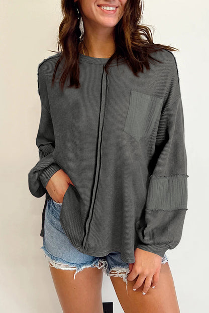 Gray Crinkled Texture Patchwork Waffle Knit Top with Bubble Sleeves