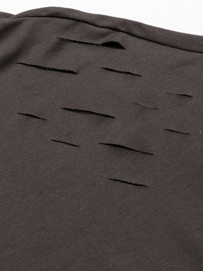 Grey Asymmetric Distressed Cold Shoulder Sweater