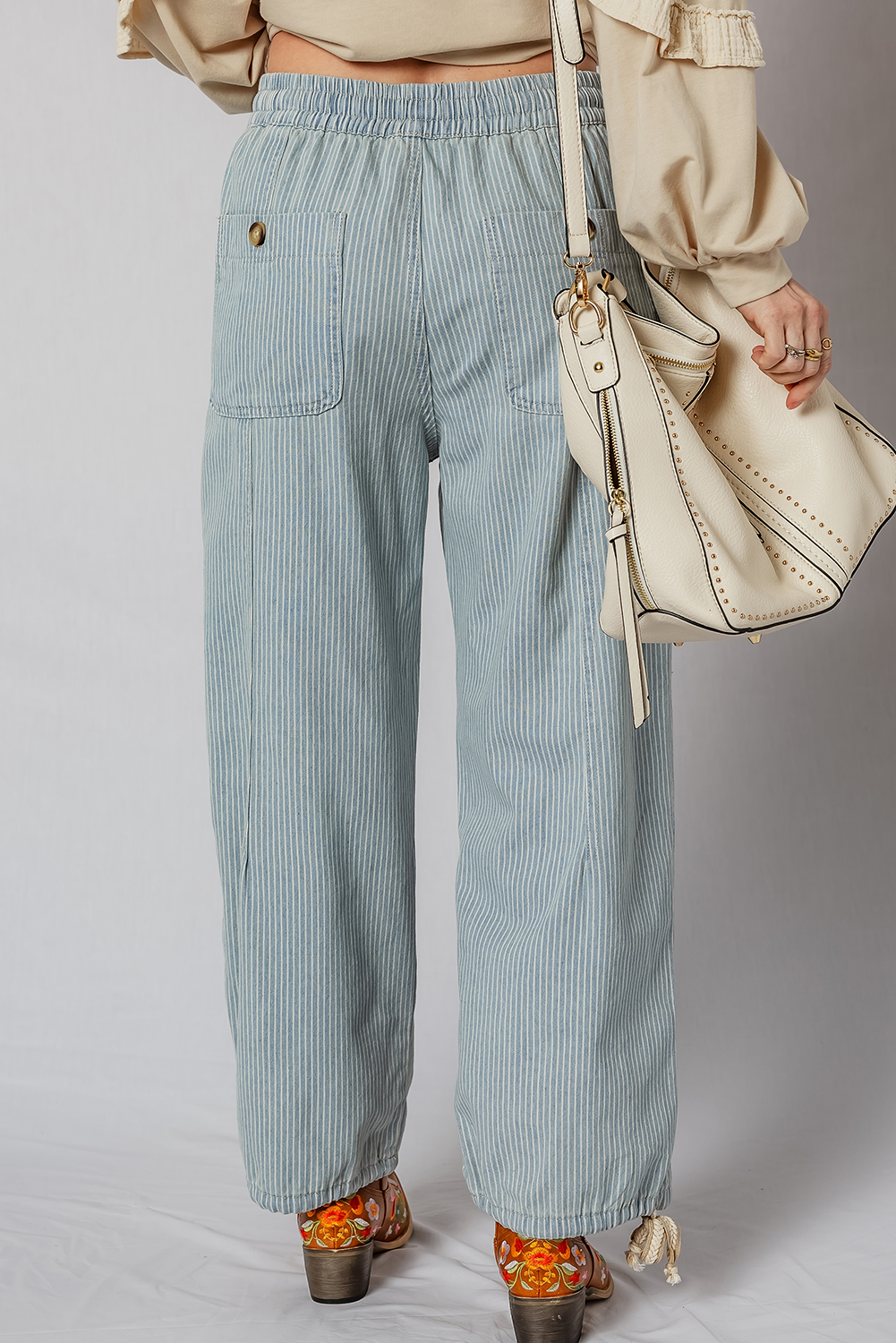 Beau Blue Striped Denim Button Patched Large Pocket Drawstring Jeans