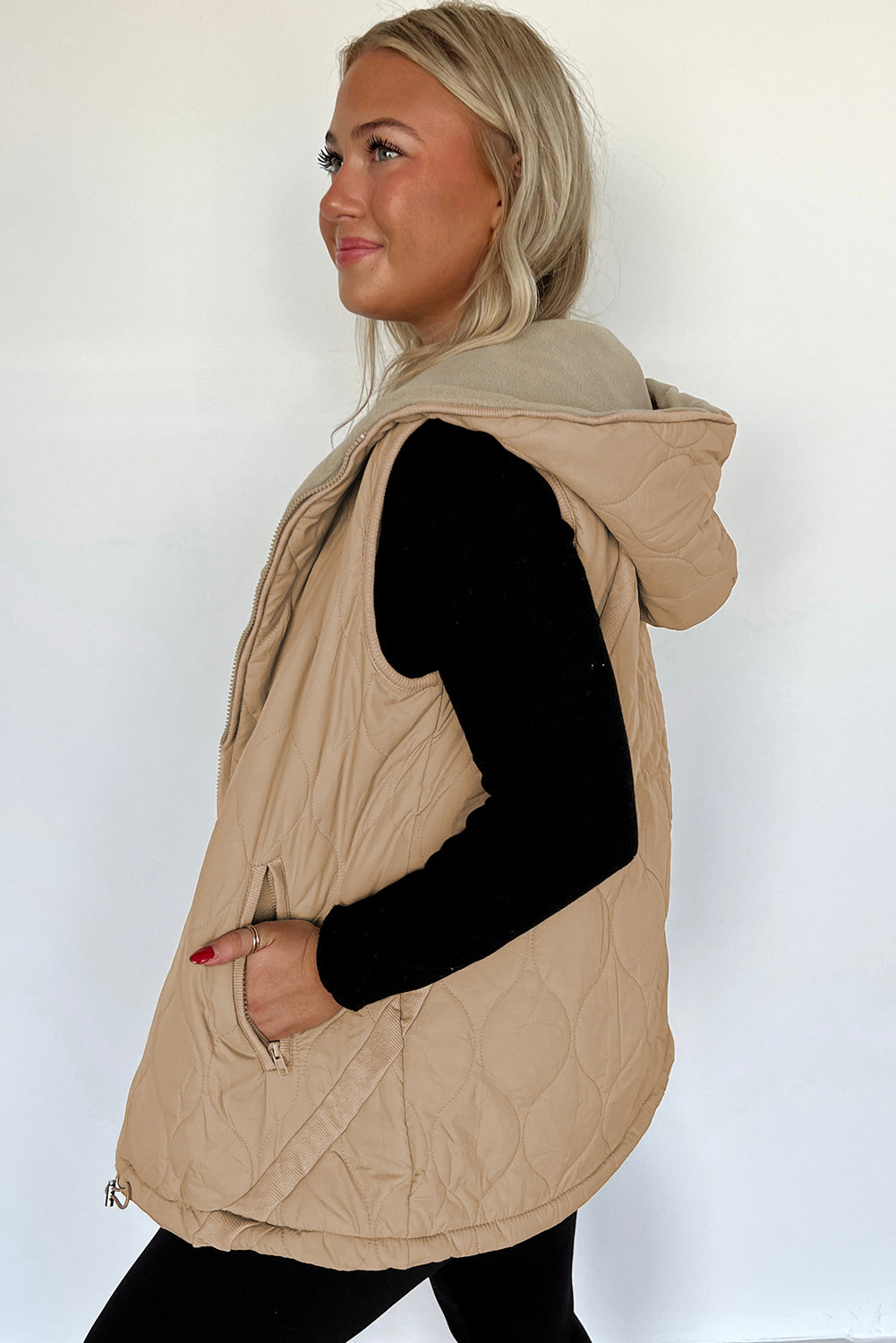 Pale Khaki Quilted Padded Casual Winter Jacket Vest with Fleece Lining