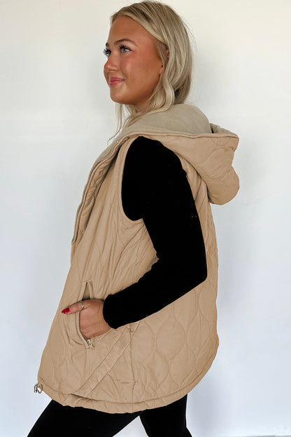 Pale Khaki Quilted Padded Casual Winter Jacket Vest with Fleece Lining