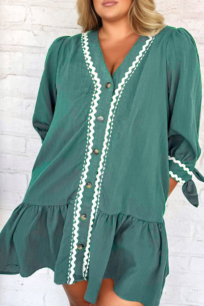 Canton Plus Knot 3/4 Sleeve Ricrac Trim V Neck Button Down Ruffle Hem Mini Dress
