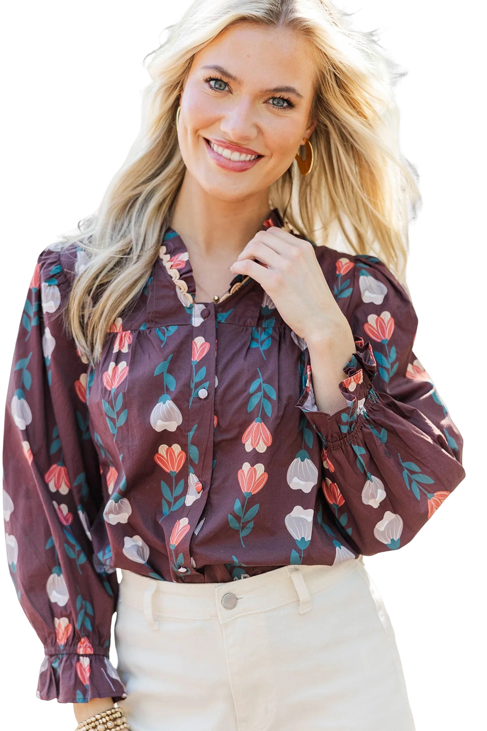 Brown Floral Print Frilled Ricrac Trim Collar Long Sleeve Shirt