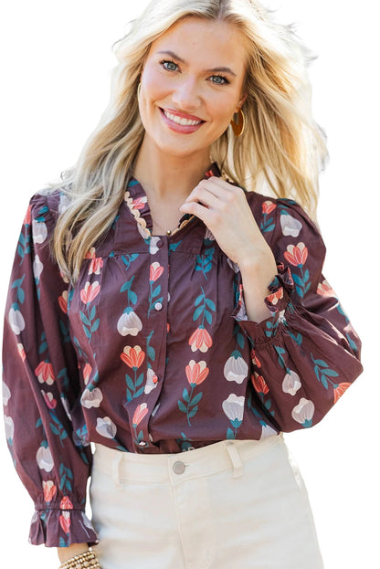 Brown Floral Print Frilled Ricrac Trim Collar Long Sleeve Shirt