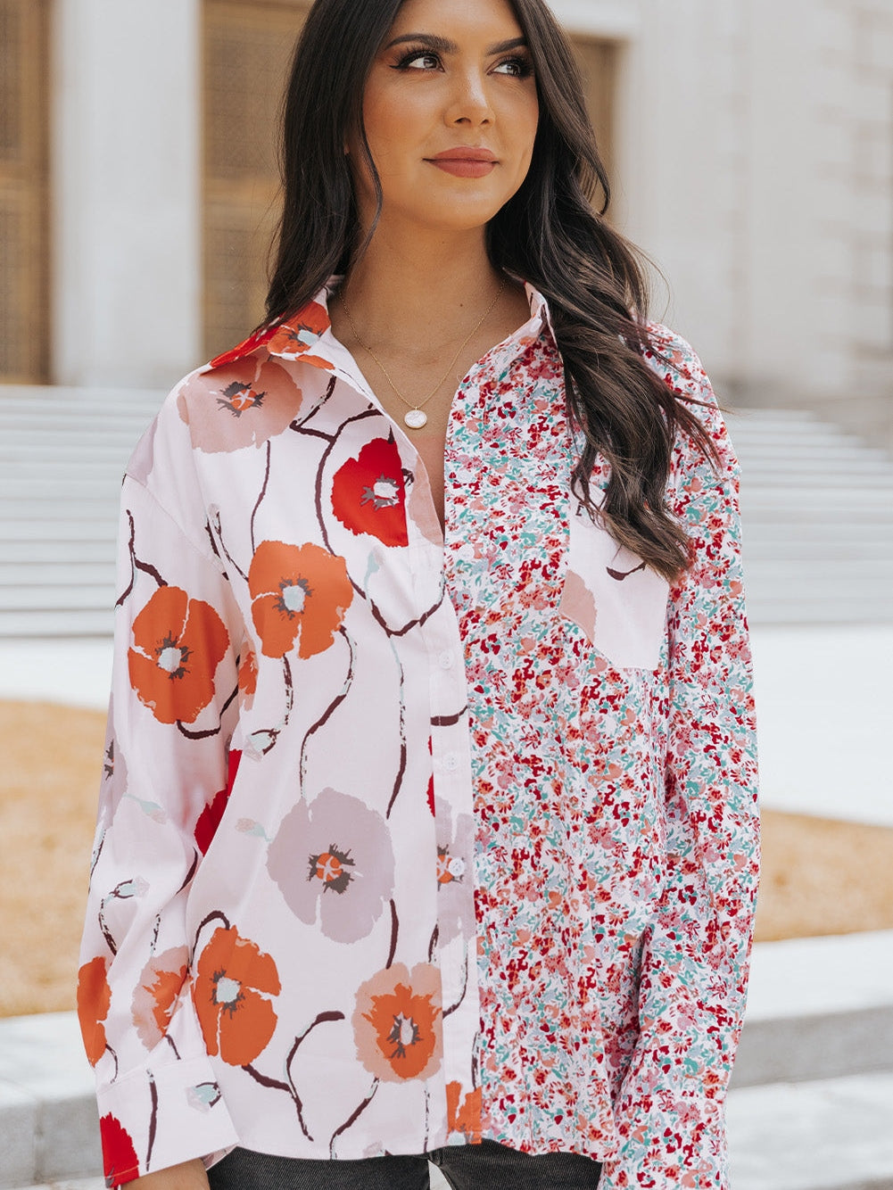 Fiery Red Floral Patchwork Button-Up Blouse with Front Pocket