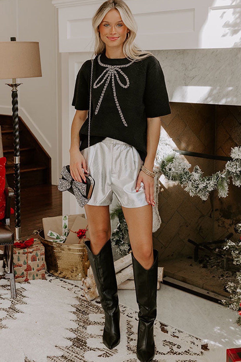 Black Contrast Bowknot Print Crew Neck Short Sleeve Sweater