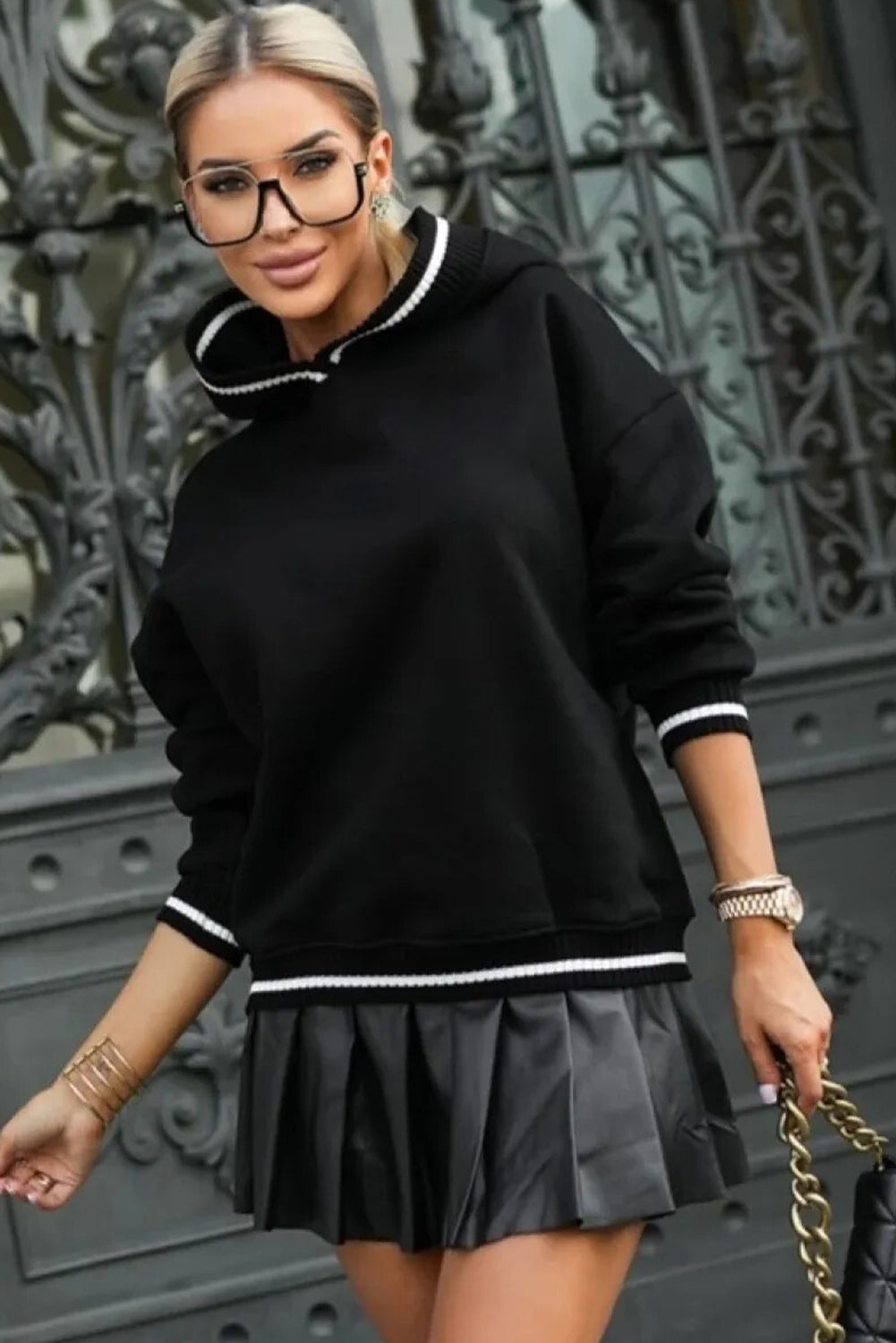 Black Varsity Stripes Ribbed Detail Preppy Casual Hoodie