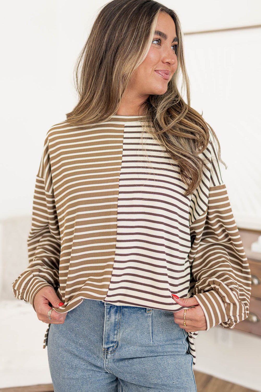 Khaki Stripe Color Block Patchwork Drop Shoulder Loose Long Sleeve Top