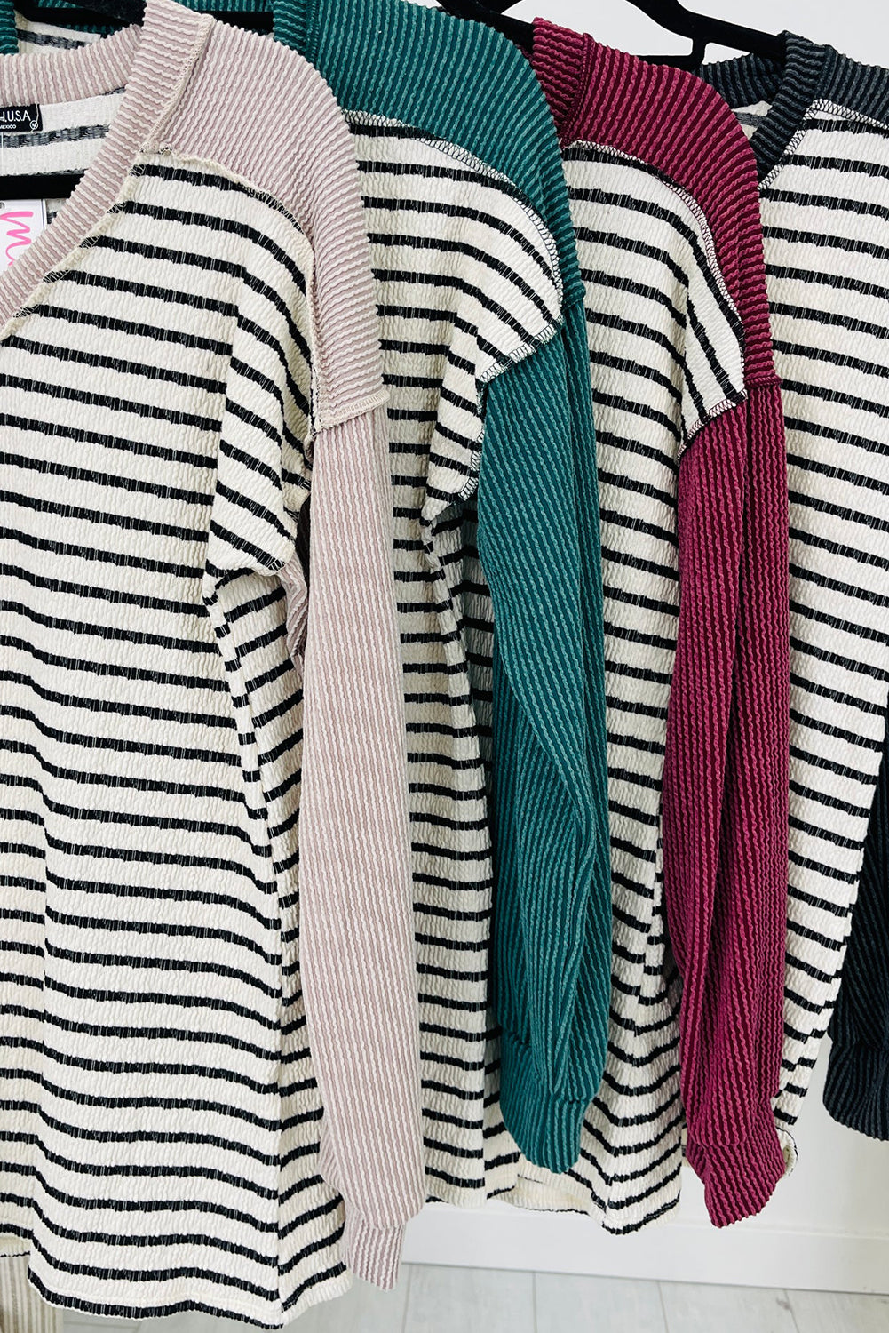 Red Twisted Ribbed Mix Striped Patchwork V Neck Long Sleeve Top