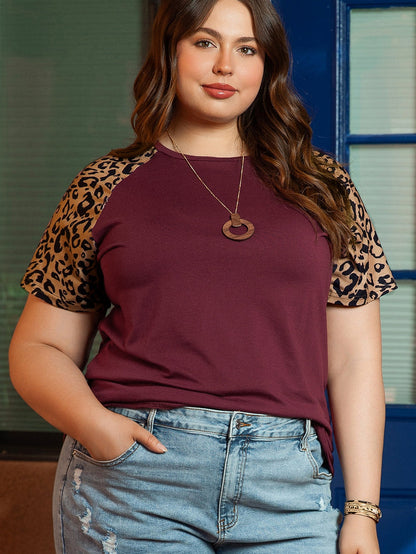 Leopard Print Raglan Sleeve Burgundy Plus Size Tee