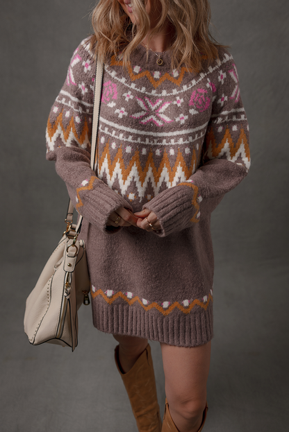 Brown Tribal Pattern Knitted Ribbed Edge Crew Neck Sweater Dress