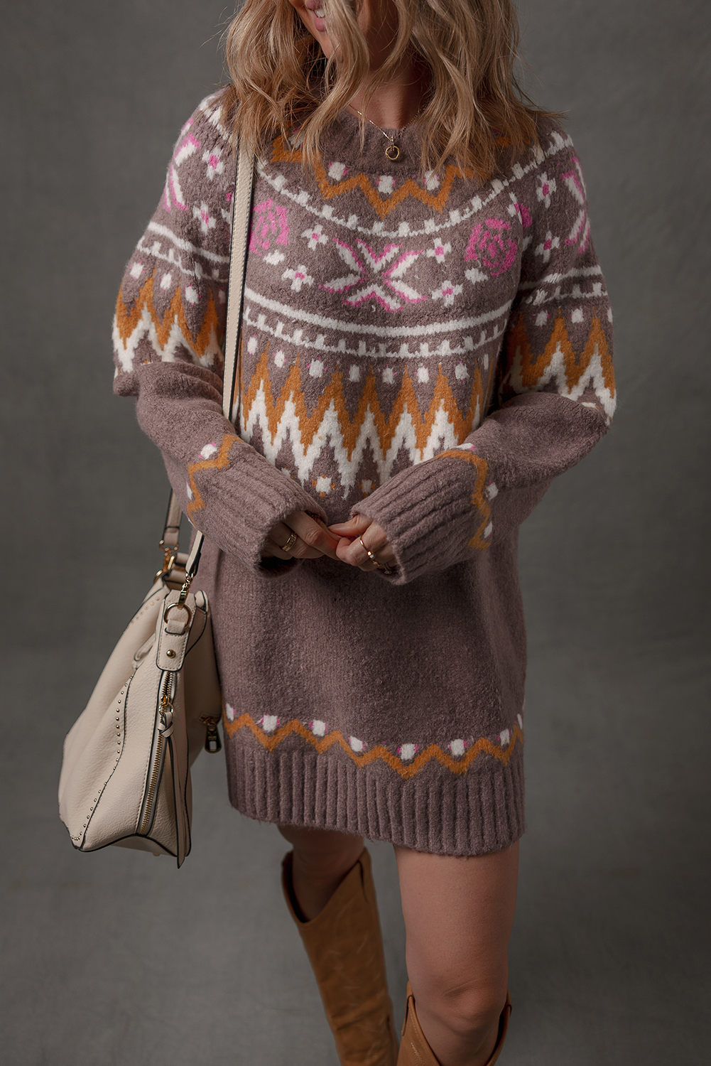 Brown Tribal Pattern Knitted Ribbed Edge Crew Neck Sweater Dress