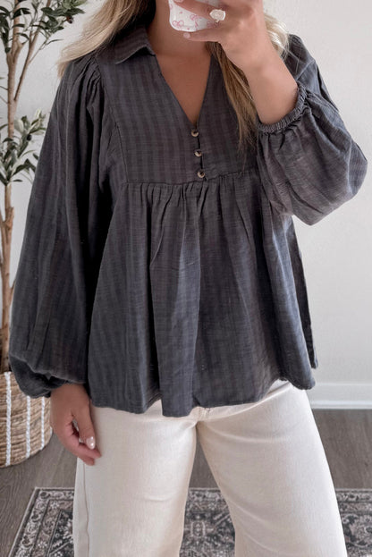 Dark Grey Striped Print Collared Button V Neck Long Puff Sleeve Peplum Blouse