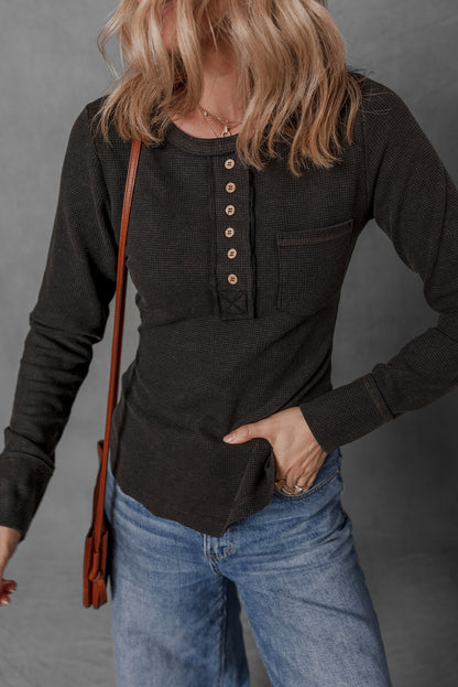 Black Mineral Wash Waffle Knit Single Chest Pocket Long Sleeve Henley Top