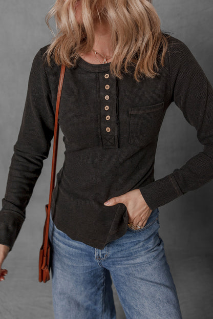 Black Mineral Wash Waffle Knit Single Chest Pocket Long Sleeve Henley Top