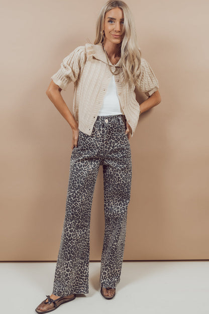 Black Leopard Print Wide Leg High Waist Jeans