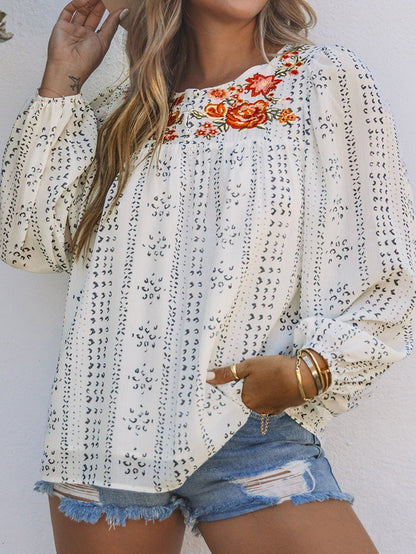 Beige Floral Embroidered Long Sleeve Bohemian Blouse