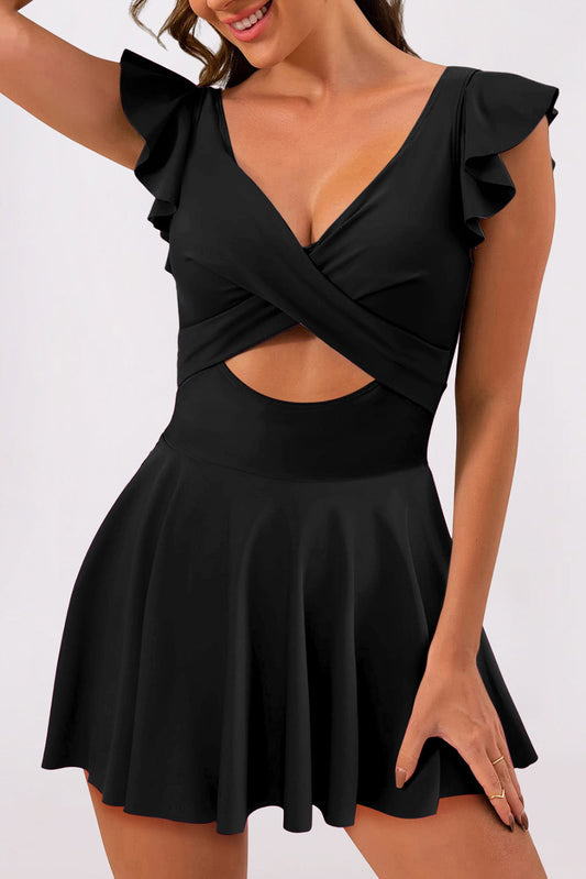 Sleek Black Crossed Cutout One Piece Swimsuit Dress