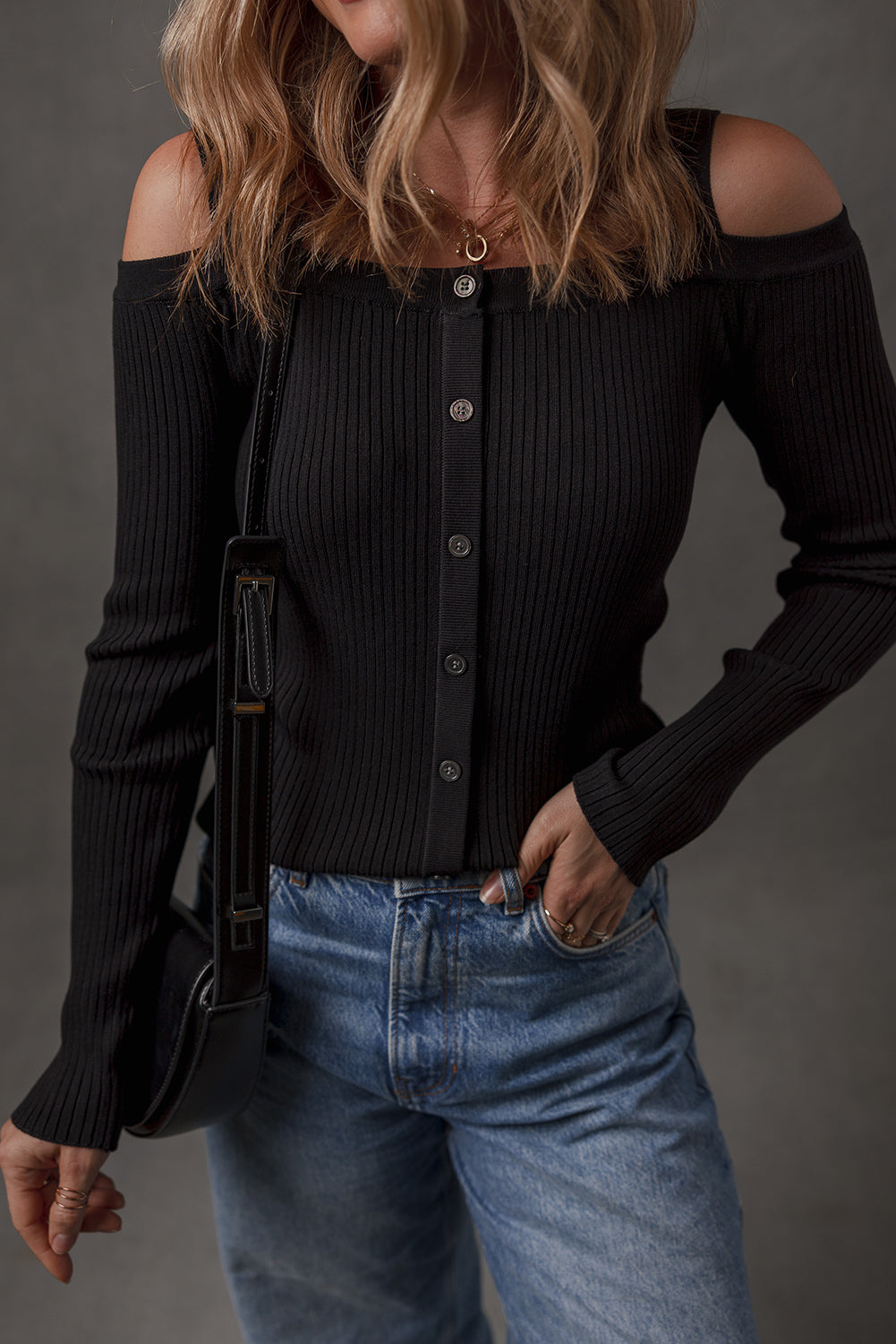 Black Ribbed Knit Cold Shoulder Button Front Sweater