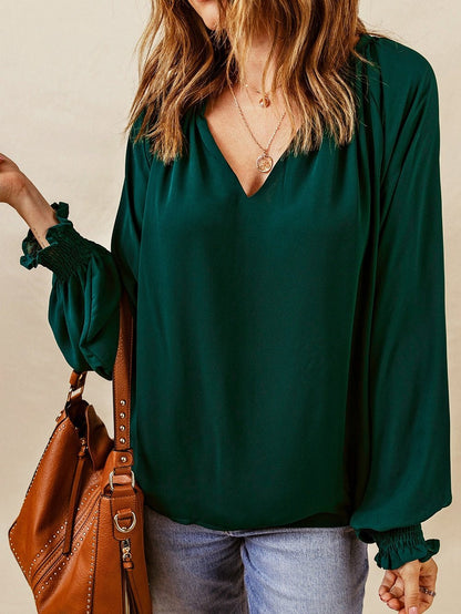 Elegant Green V Neck Puff Sleeve Top