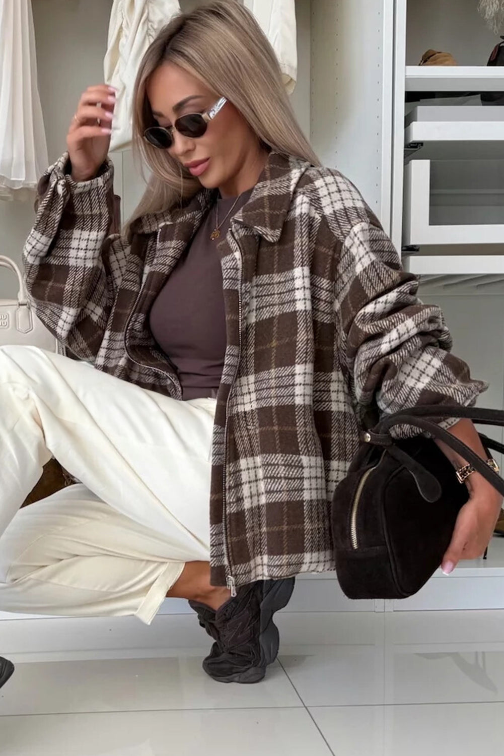 Dark Brown Grid Zipped Front Loose Casual Jacket