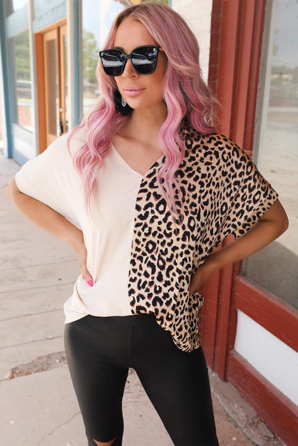 Leopard Stitching Button Long Sleeve Blouse