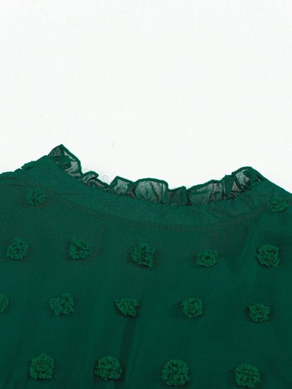 Green Polka Dot Lace Ruffle Split Neck Puff Sleeve Blouse