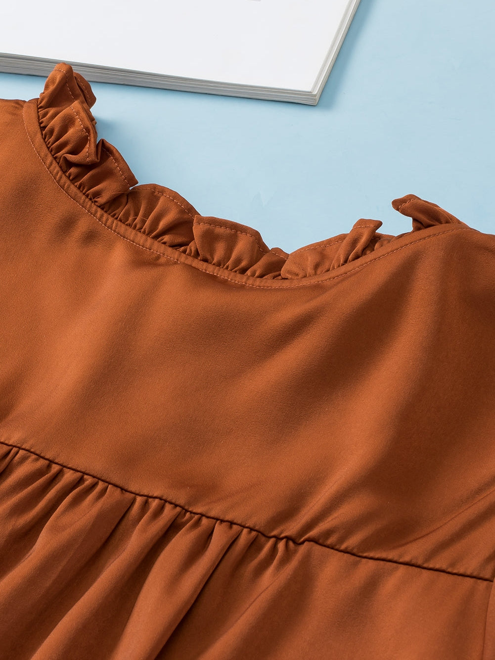 Chestnut Frilled Split Neck Plus Size Satin Blouse