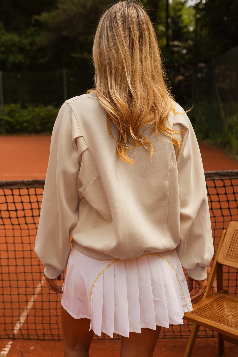 Oatmeal Pleated Balloon Sleeve Pullover Solid Sweatshirt