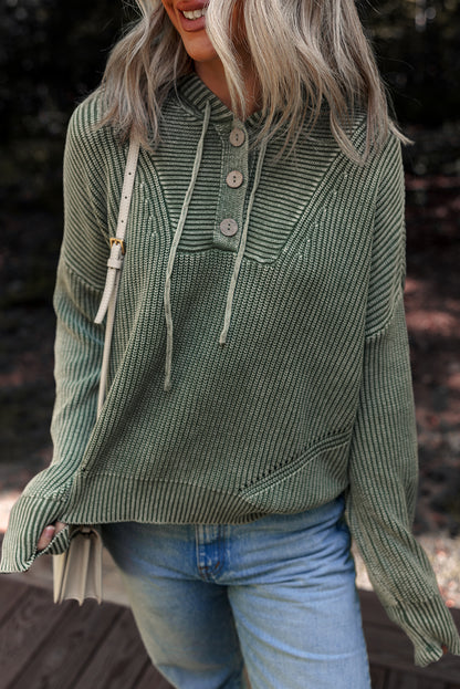 Mist Green Mineral Wash Ribbed Knit Button Drawstring Neck Hooded Sweater