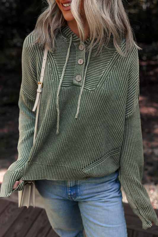 Mist Green Mineral Wash Ribbed Knit Button Drawstring Neck Hooded Sweater