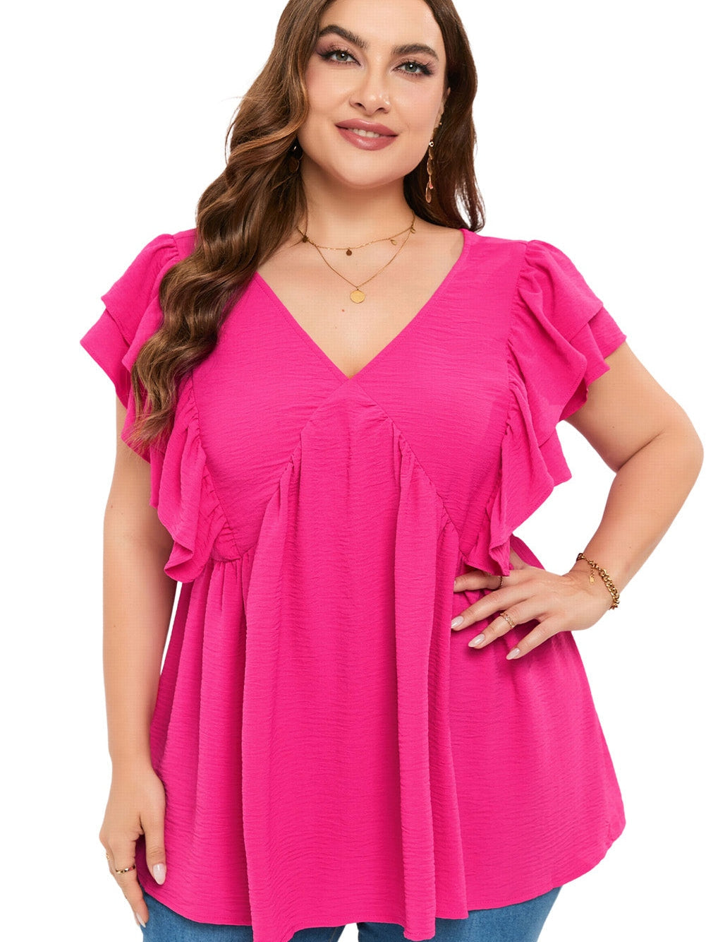 Pretty in Pink V-Neck Ruffle Tunic Top with Tie Back