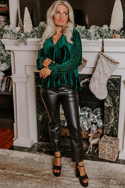 Evergreen Velvet Ribbed Puff Sleeve Tie Split Neck Peplum Blouse