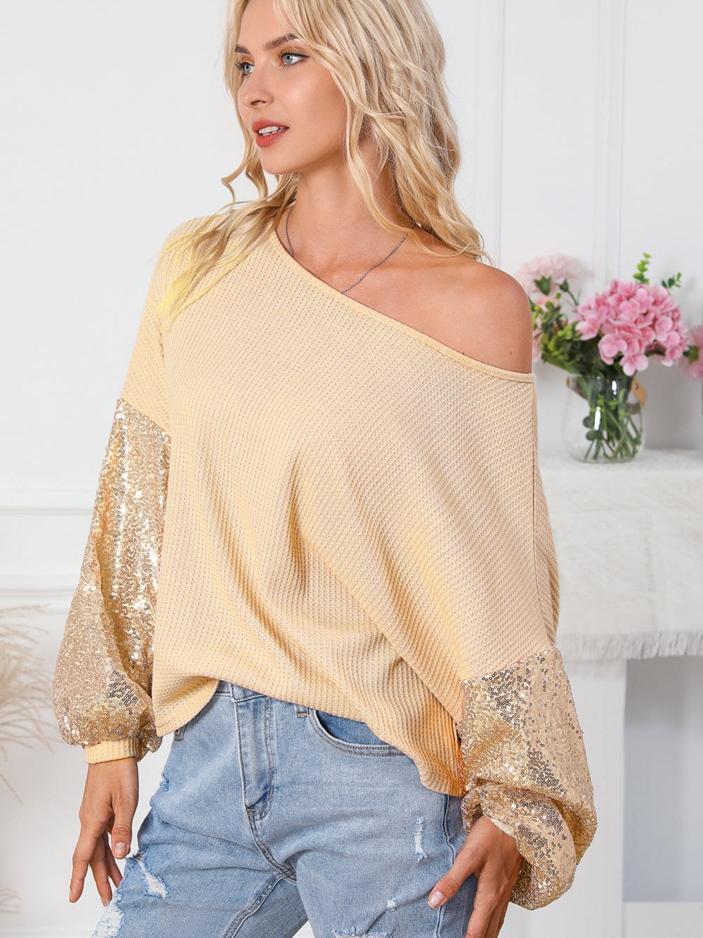 Apricot Sequin Patchwork Waffle Knit Open Back Top with Long Sleeves