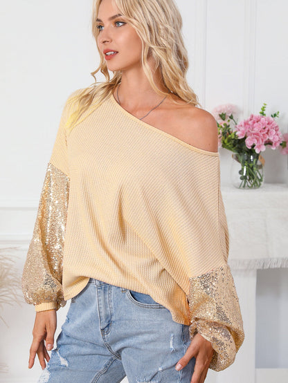 Apricot Sequin Patchwork Waffle Knit Open Back Top with Long Sleeves