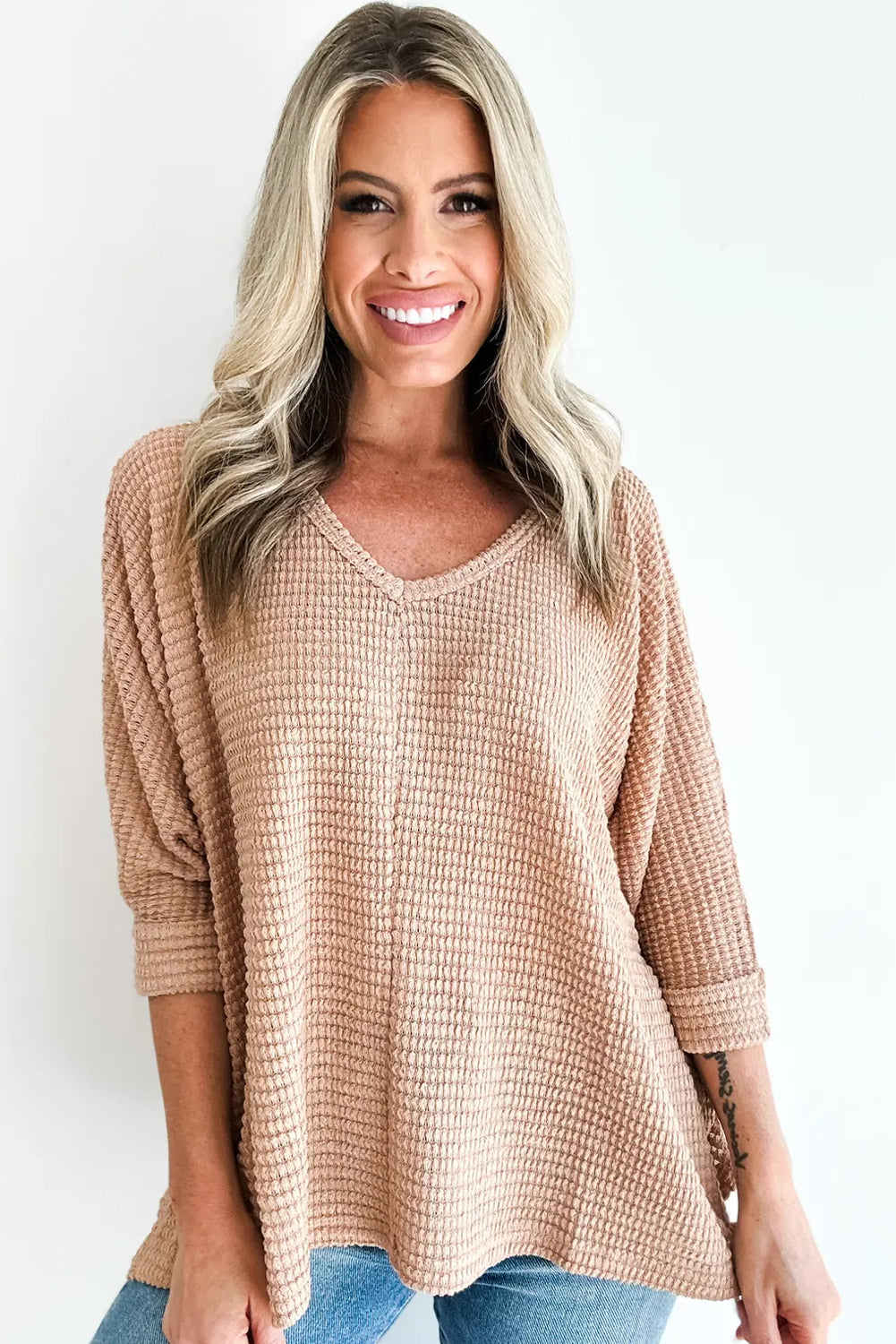 Light French Beige 3/4 Sleeve Textured Knit V Neck Loose Top