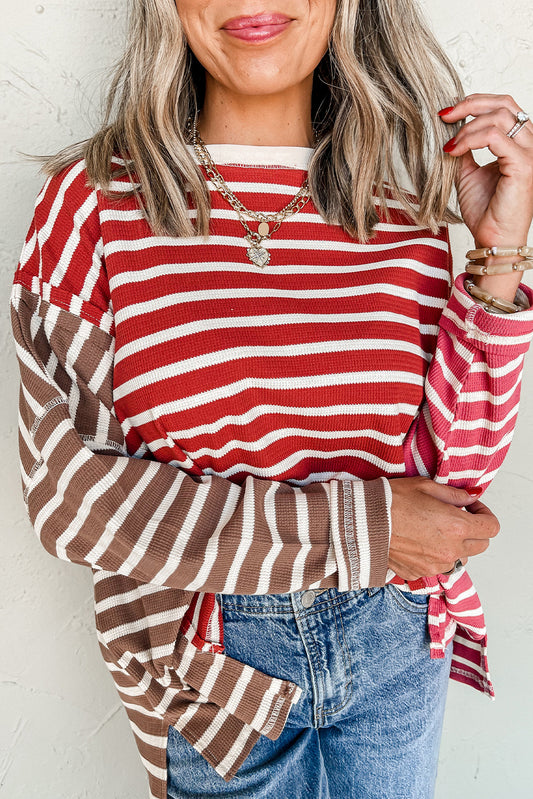Red Stripe Colorblock Drop Shoulder Loose Long Sleeve Top