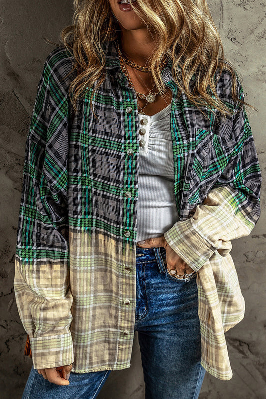 Green Plaid Patchwork Button Up Shacket with Chest Pocket
